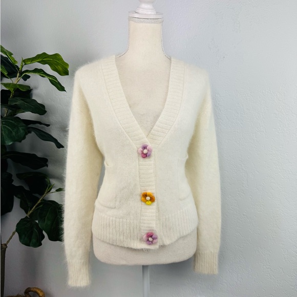 Sylphide | Lea Ivory Floral Button Wide Cream Crop Cardigan - Picture 14 of 14